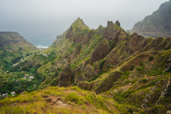 Amazing Landscape of harsh rugged mountain peaks of Ribeira de Janela and village in the valley. Santo Antao Cape Cabo Verde.